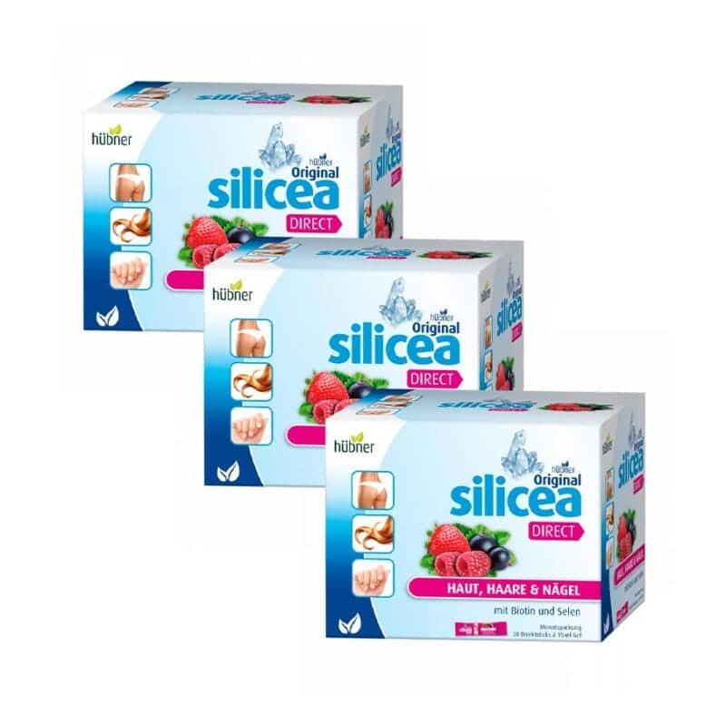 Silicea Direct frutos vermelhos com biotina e selénio Pack 3 x 30 saquetas Hübner suplemento para cabelo, pele e unhas