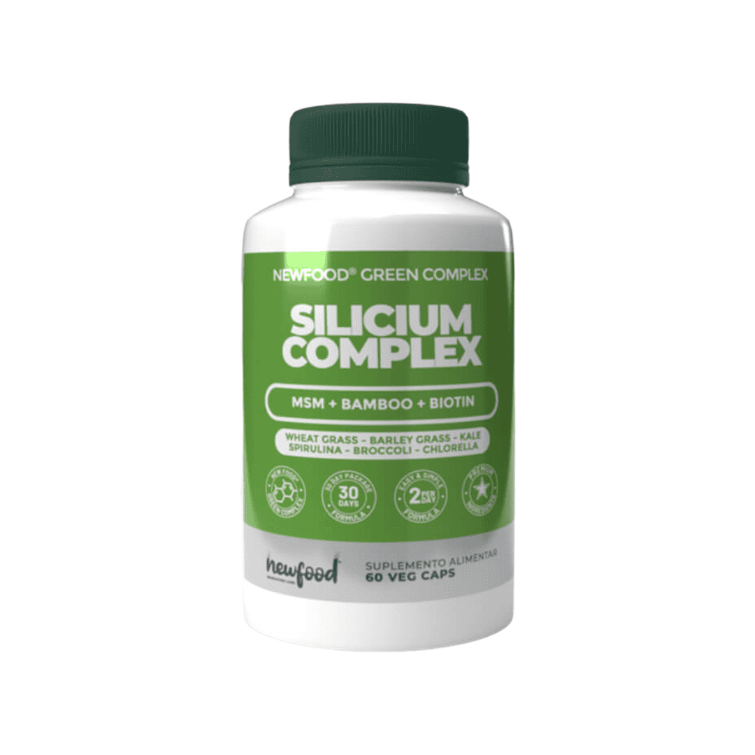 Silicium Complex, un complemento alimenticio de New Food que contiene 60 cápsulas, con silicio, colágeno y minerales para fortalecer las uñas, el cabello y la piel.