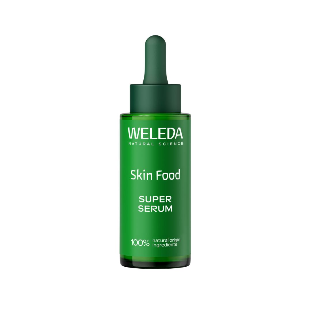 Skin Food Super Sérum Hidratante 30ml Weleda, sérum facial com ácido hialurónico, ceramidas e extratos botânicos para hidratar intensamente, fortalecer a barreira cutânea e promover luminosidade.