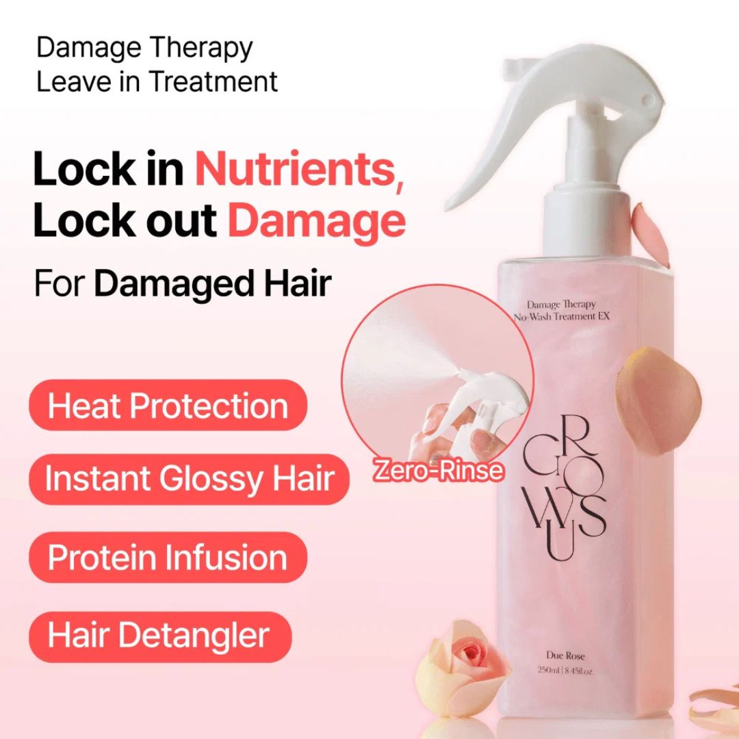 Spray de Cabelo Damage Therapy No-Wash Treatment EX 250ml Growus, tratamento capilar sem enxaguamento para cabelos secos e danificados.