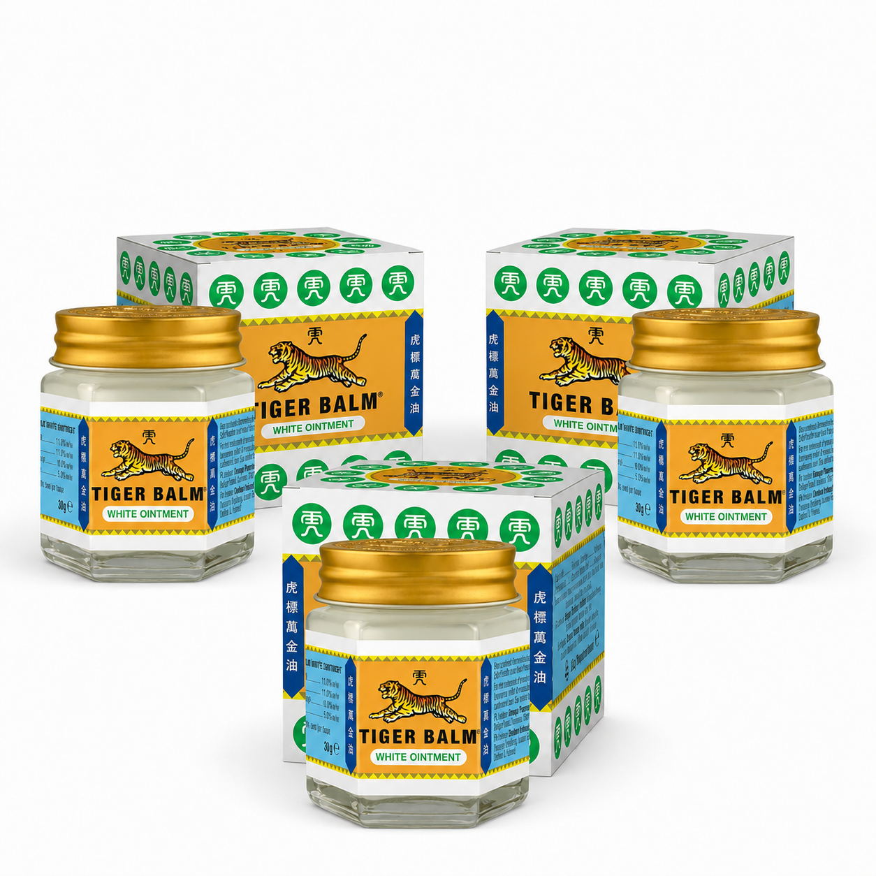 Tiger Balm Bálsamo Branco Pack 3 x 19gr com três frascos de bálsamo tópico à base de mentol e cânfora.