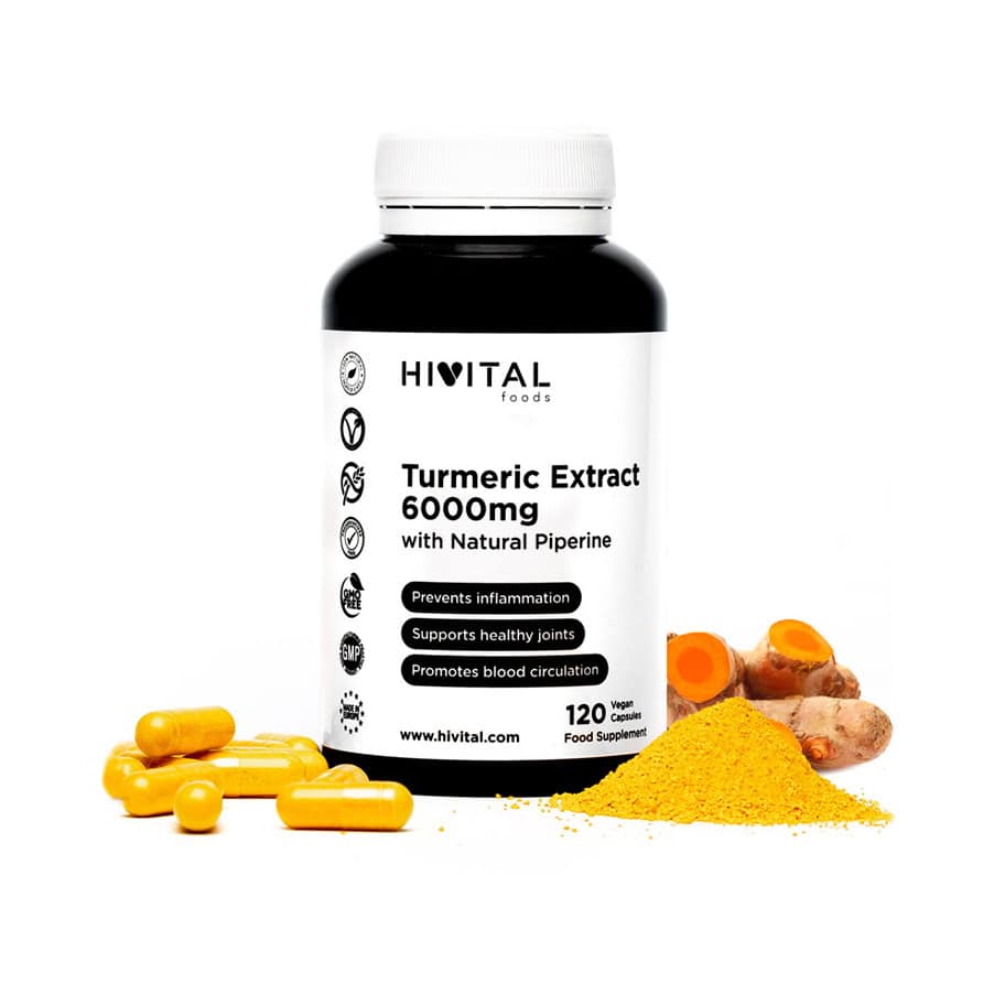 Frasco de 120 cápsulas de extracto de cúrcuma de 6000 mg de la marca Hivital, un suplemento natural con propiedades antioxidantes y antiinflamatorias.