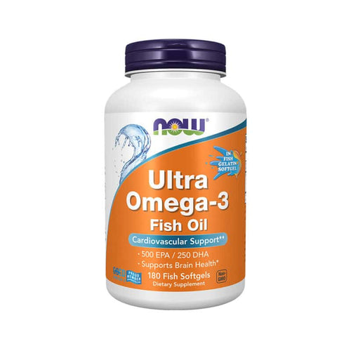 Ultra Omega 3 Fish Oil 180 Cápsulas Peixe Now Foods em embalagem branca com tampa laranja.