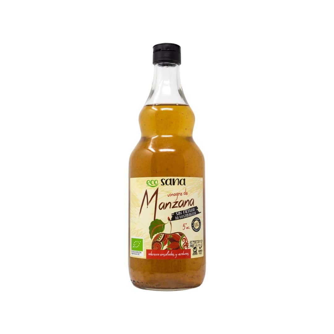Vinagre de sidra de manzana orgánico Ecosana, botella de 750 ml, sin filtrar ni pasteurizar, ideal para condimentar y para el bienestar digestivo.