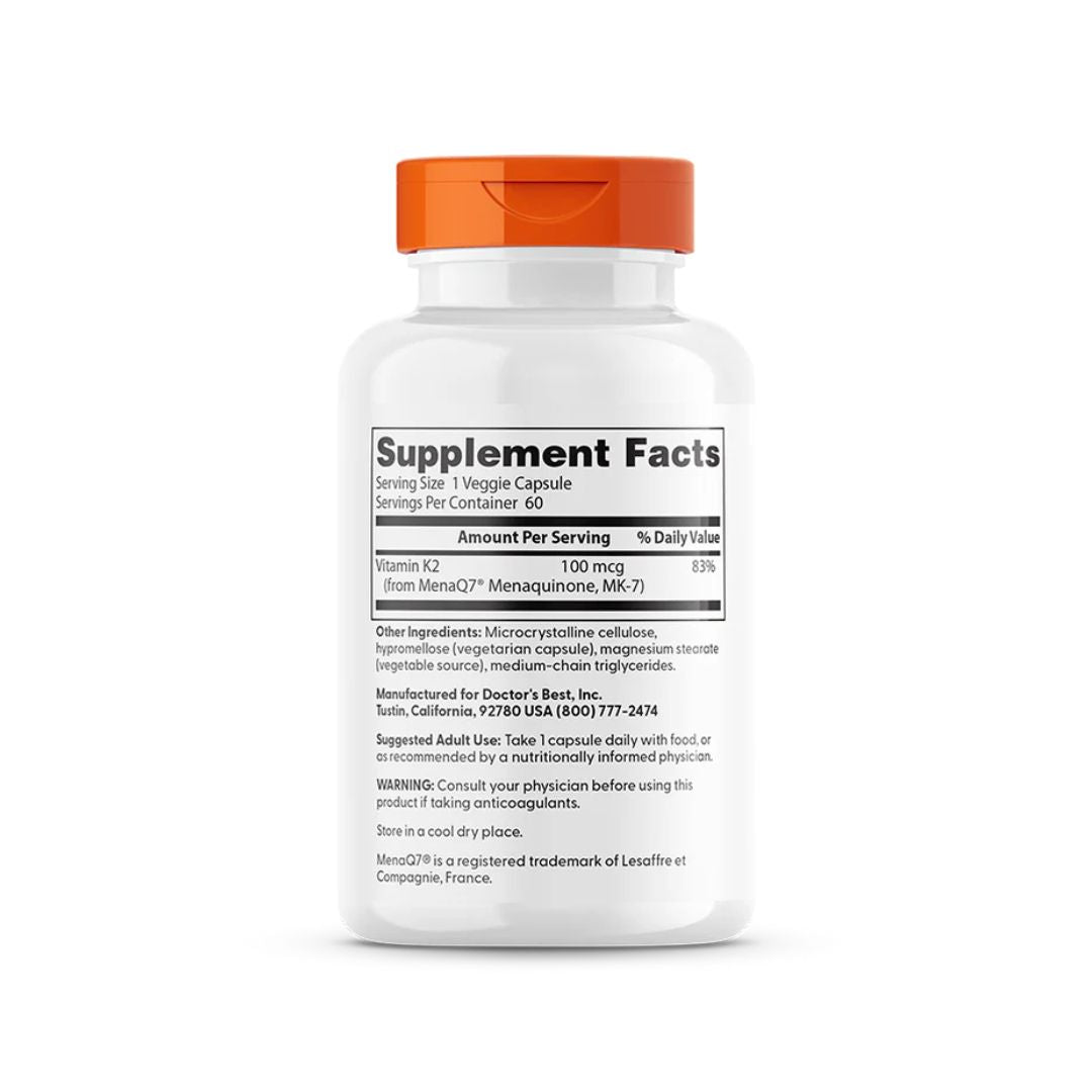 Vitamina K2 MK-7 com MenaQ7 100 mcg 60 cápsulas Doctor's Best suplemento alimentar com vitamina K2 na forma MK-7.