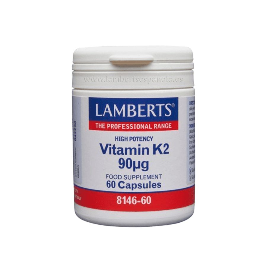Frasco de vitamina K2 (MK7) de Lamberts, 90 µg, con 60 cápsulas, que favorece la salud ósea y cardiovascular.