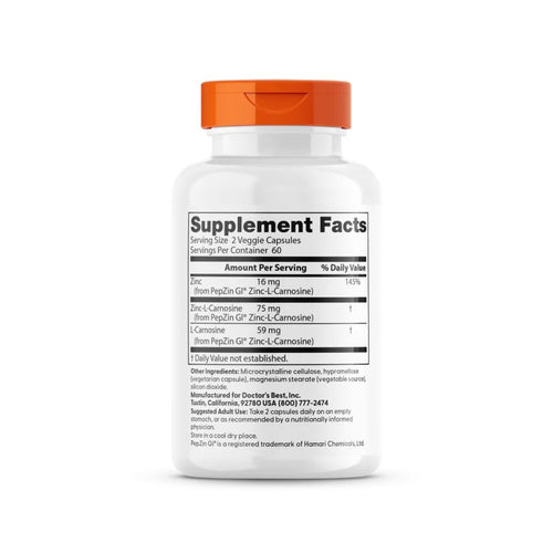 Zinc-L-Carnosine Complex 120 cápsulas Doctor’s Best suplemento alimentar com zinco e L-carnosina.