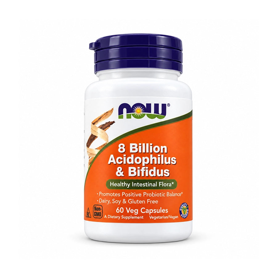 Acidophilus Bifidus 8 Billion 60 cápsulas da NOW Foods, suplemento probiótico com Lactobacillus acidophilus e Bifidobacterium lactis.