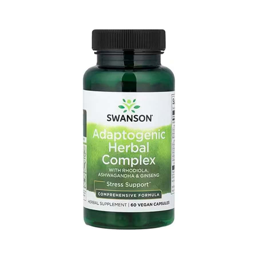 Complexo de ervas adaptogénicas Swanson em cápsulas, frasco com 60 cápsulas para apoio ao stress e equilíbrio do organismo