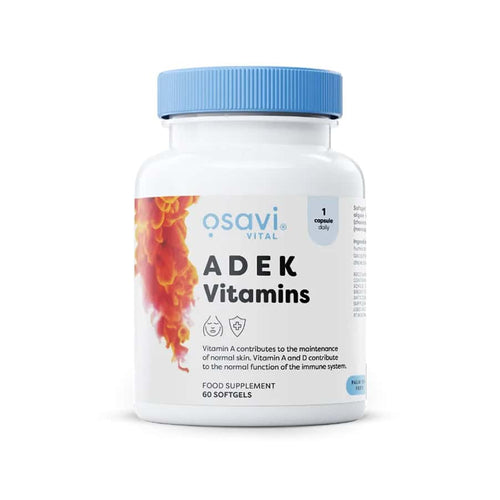 Frasco de vitaminas Osavi ADEK con 60 cápsulas, un suplemento en cápsulas que combina vitaminas liposolubles A, D, E y K para un apoyo diario.