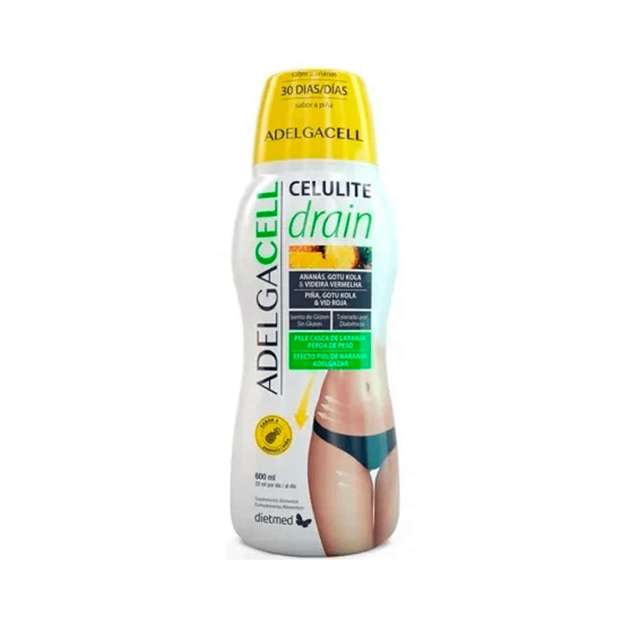 adelgacell celulite drain dietmed 600 ml em frasco transparente com líquido cor âmbar, suplemento drenante para combater celulite e retenção de líquidos