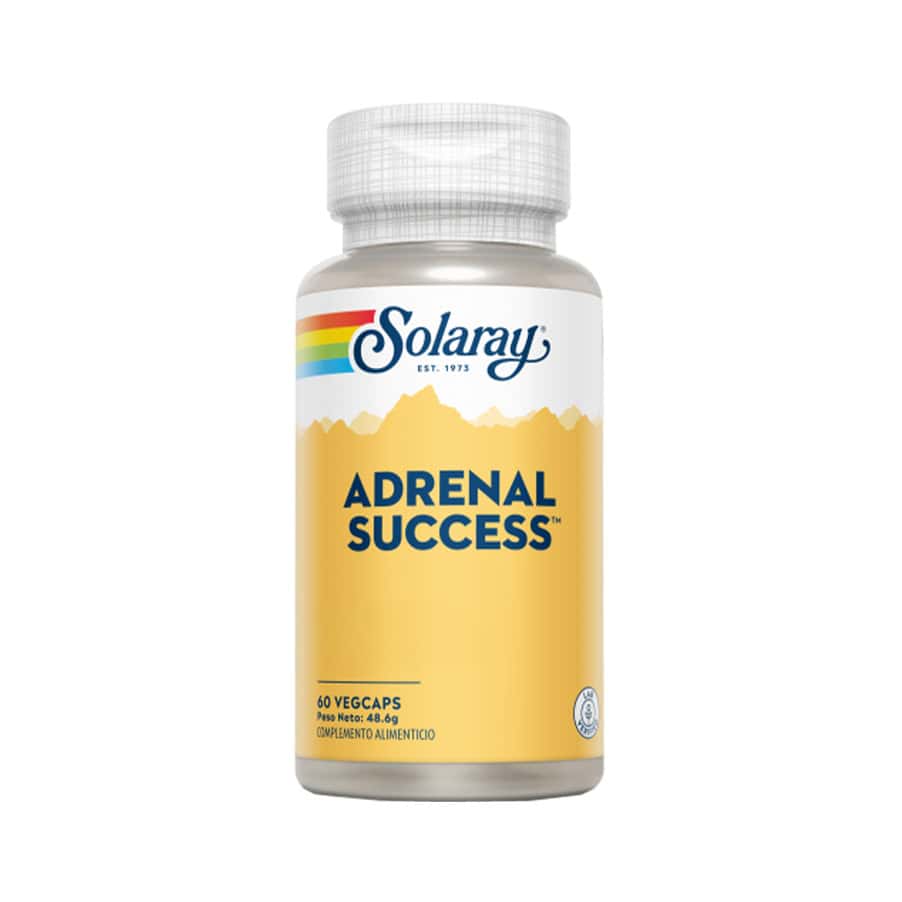 Frasco de suplemento Solaray Adrenal Success com 60 cápsulas, fórmula adaptogénica para reduzir o stress e apoiar a energia e o equilíbrio hormonal.