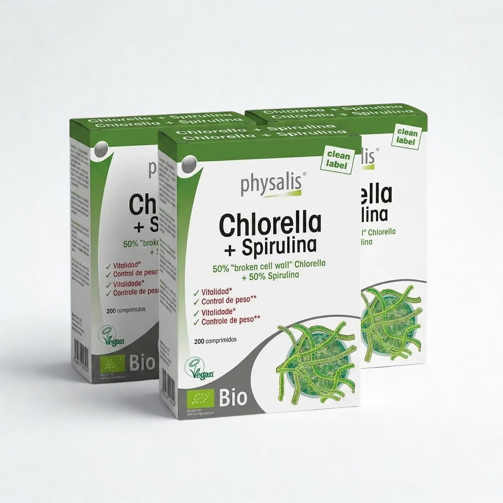 Chlorella e Spirulina Physalis pack com 3 embalagens de 200 comprimidos suplemento alimentar biológico
