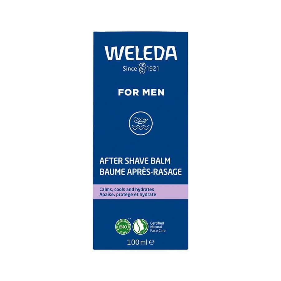 Frasco do Bálsamo Pós Barbear Homem 100ml da Weleda, cuidado calmante e refrescante para após o barbear.