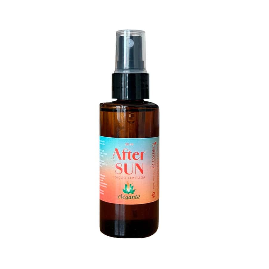 Frasco de After Sun 50ml da Elegante F. J. Campos, cuidado pós-solar calmante e hidratante.