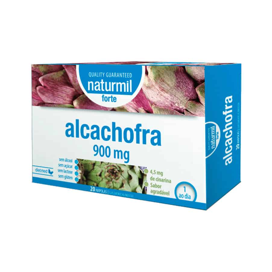 Embalagem de Alcachofra 900mg com 20 ampolas da Naturmil, suplemento líquido para apoio digestivo e hepático.