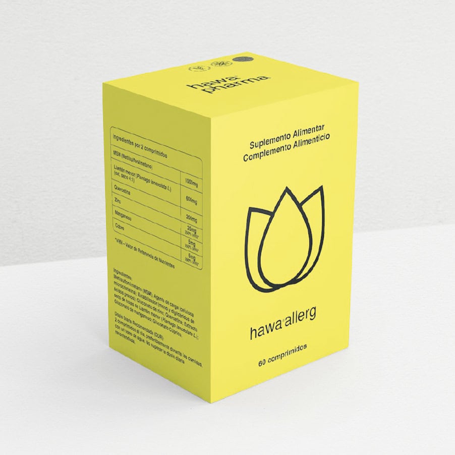 Hawa Allerg da Hawa Pharma em comprimidos, suplemento alimentar desenvolvido para apoio em situações de sensibilidade alérgica.