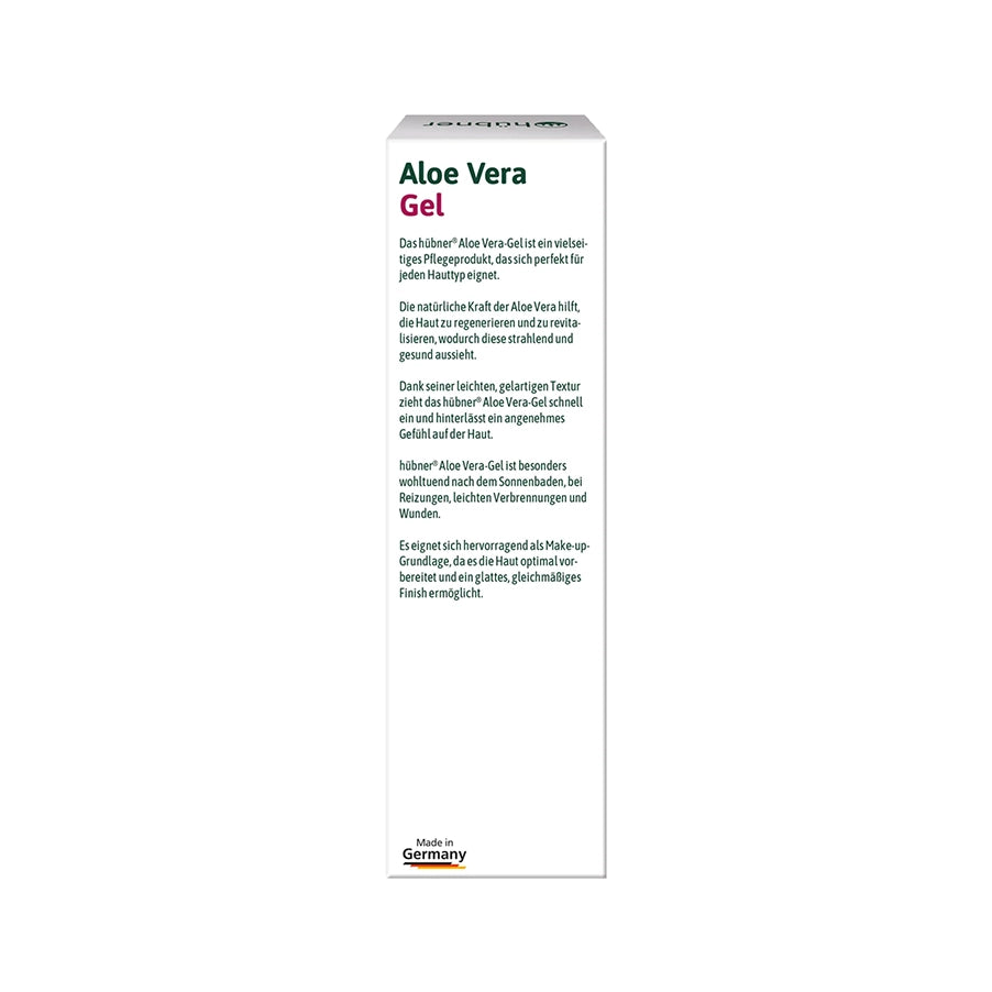 Aloe Vera Gel Hübner, gel hidratante com aloé vera, pantenol e bisabolol, em embalagem de 100 ml.