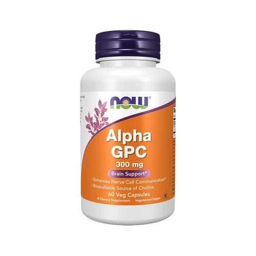 El suplemento Now Foods Alpha GPC de 300 mg, en un frasco de 60 cápsulas, favorece la función cognitiva y la memoria.