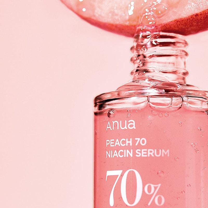 Frasco do Peach 70 Sérum de Niacinamida 30ml da Anua, tratamento facial iluminador com extrato de pêssego e niacinamida.