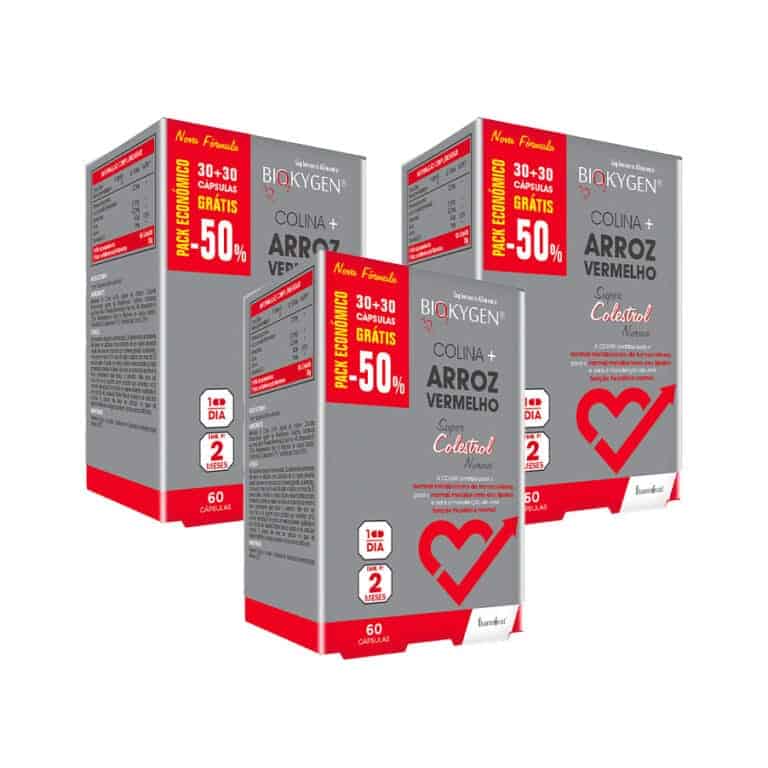 Arroz Vermelho Pack 3 x 60 cápsulas Biokygen, suplemento natural para colesterol, saúde cardiovascular e apoio ao equilíbrio do açúcar no sangue.