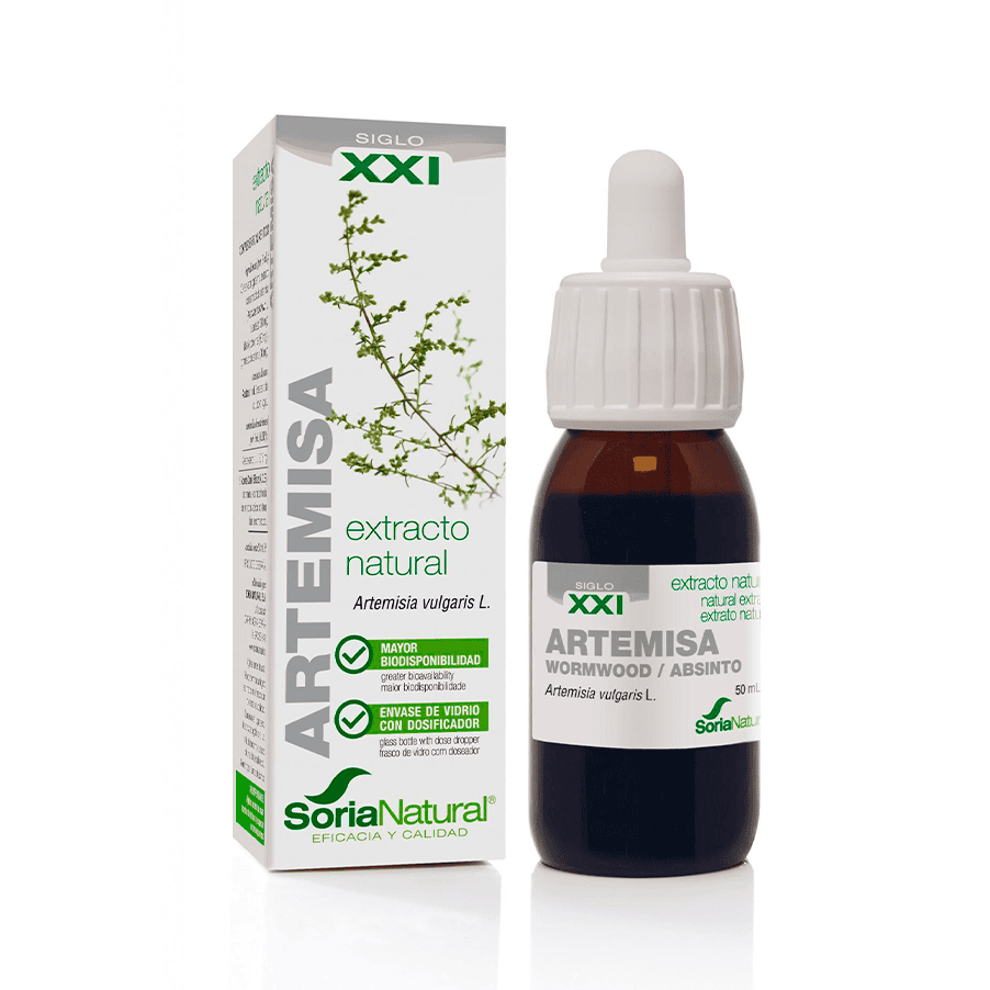 Frasco do Extrato Natural de Artemísia 50ml da Soria Natural, suplemento líquido para suporte digestivo e equilíbrio hormonal.