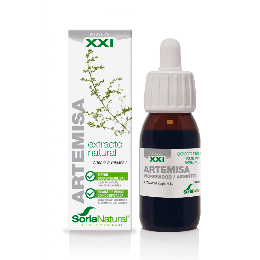 Frasco do Extrato Natural de Artemísia 50ml da Soria Natural, suplemento líquido para suporte digestivo e equilíbrio hormonal.