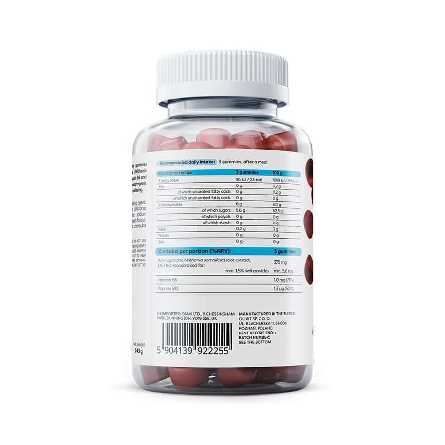 Gomas com ashwagandha e vitaminas B6 e B12. Promovem o bem-estar físico e mental, reduzindo o cansaço.