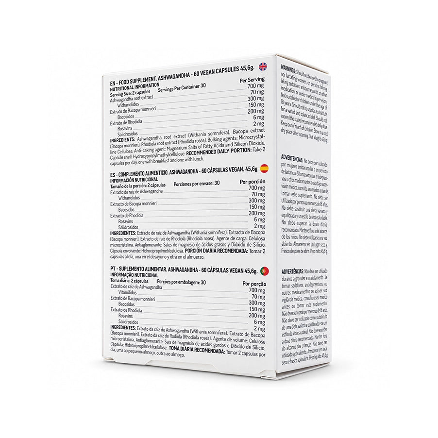 AshwaForm 60 cápsulas da SunTree, suplemento alimentar à base de ashwagandha para complementar a rotina diária.