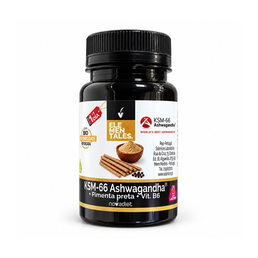 Ashwagandha KSM-66 + Pimenta Preta + B6 30 comprimidos da NovaDiet, suplemento alimentar com ashwagandha, pimenta preta e vitamina B6.
