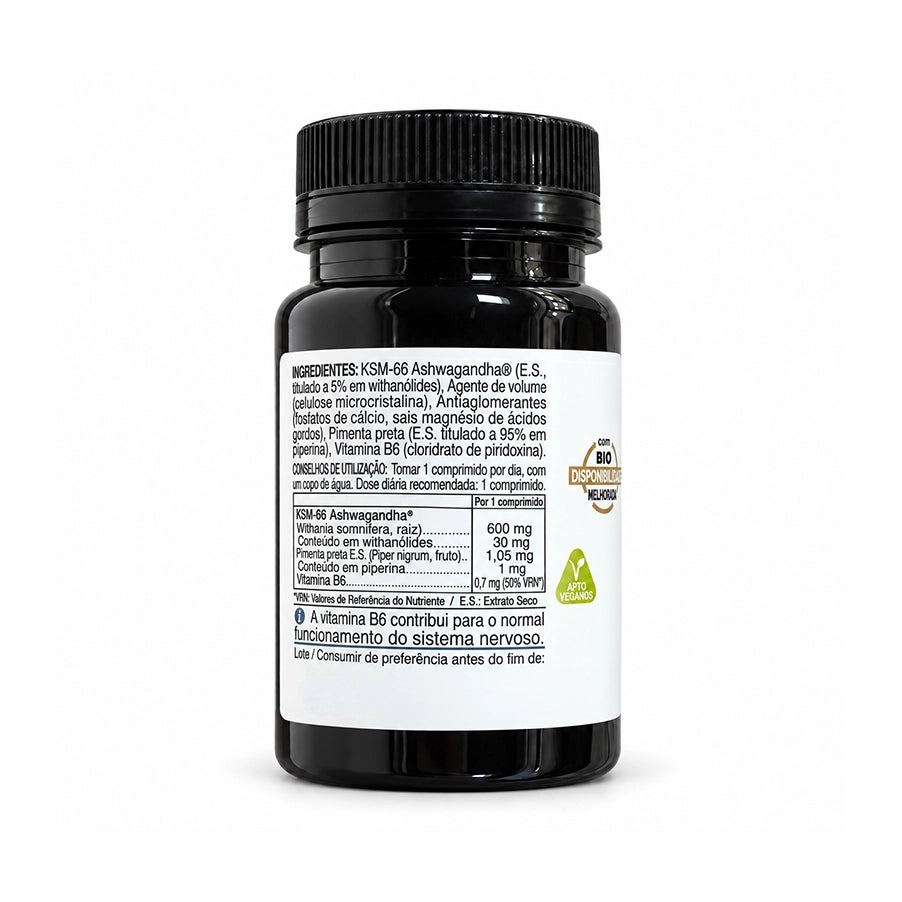 Ashwagandha KSM-66 + Pimenta Preta + B6 30 comprimidos da NovaDiet, suplemento alimentar com ashwagandha, pimenta preta e vitamina B6.