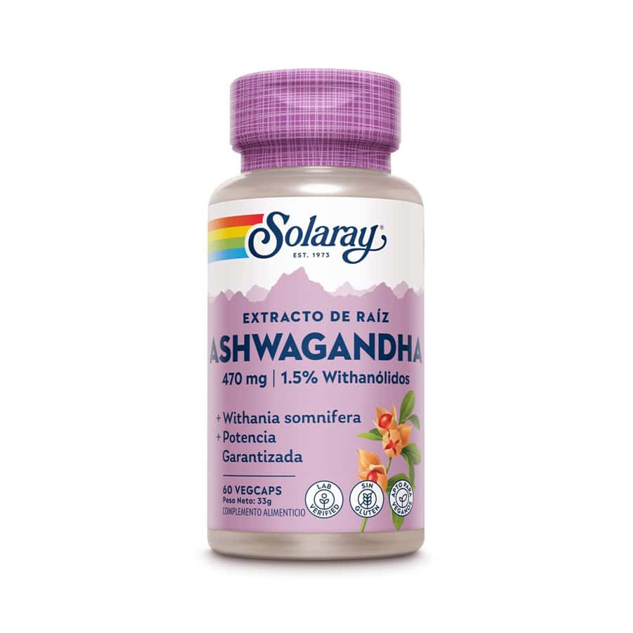 Frasco de suplemento Solaray Extrato de Raíz de Ashwagandha 470mg com 60 cápsulas, planta adaptogénica para stress, energia e equilíbrio emocional.