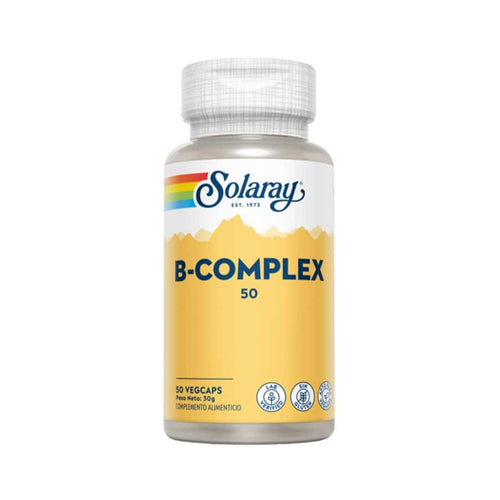 Frasco de suplemento Solaray B-Complex con 50 cápsulas, un complejo equilibrado de vitaminas B para la energía, el metabolismo y el apoyo del sistema nervioso.