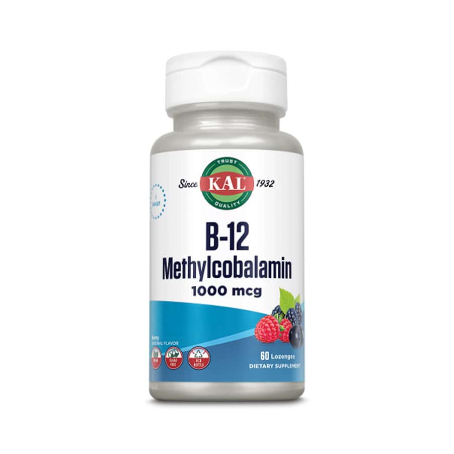 Vitamina B12 Methylcobalamina Kal 1000mg em frasco com 60 comprimidos para apoio energético e neurológico.