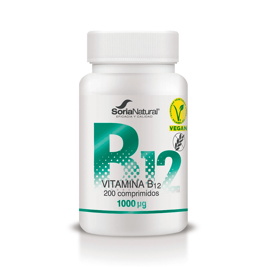 Frasco da Vitamina B12 1000µg com 200 comprimidos da Soria Natural, suplemento essencial para energia e saúde neurológica.