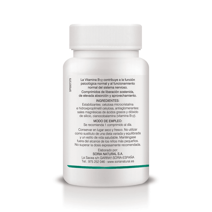 Frasco da Vitamina B12 1000µg com 200 comprimidos da Soria Natural, suplemento essencial para energia e saúde neurológica.