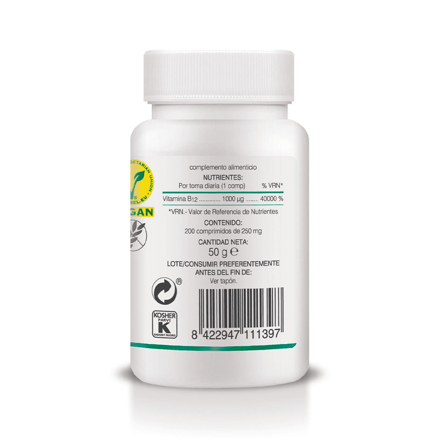 Frasco da Vitamina B12 1000µg com 200 comprimidos da Soria Natural, suplemento essencial para energia e saúde neurológica.