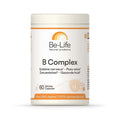 Frasco de B Complex Be Life con 60 cápsulas, un suplemento vitamínico de complejo B para la energía y la vitalidad.
