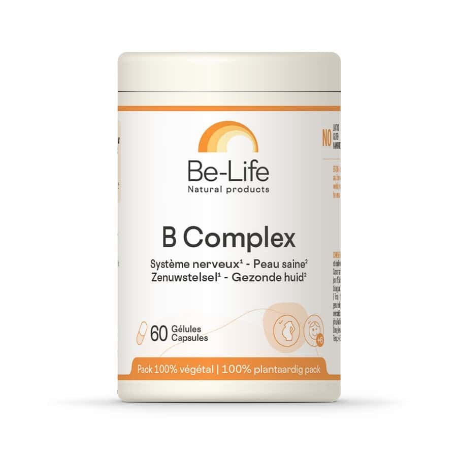 Frasco de B Complex Be Life con 60 cápsulas, un suplemento vitamínico de complejo B para la energía y la vitalidad.