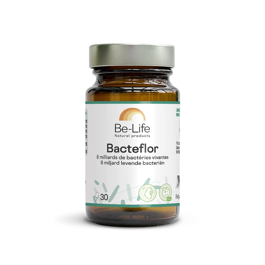 Bacteflor Probióticos 30 Cápsulas Be Life, suplemento alimentar com 6 estirpes probióticas para a microbiota intestinal.