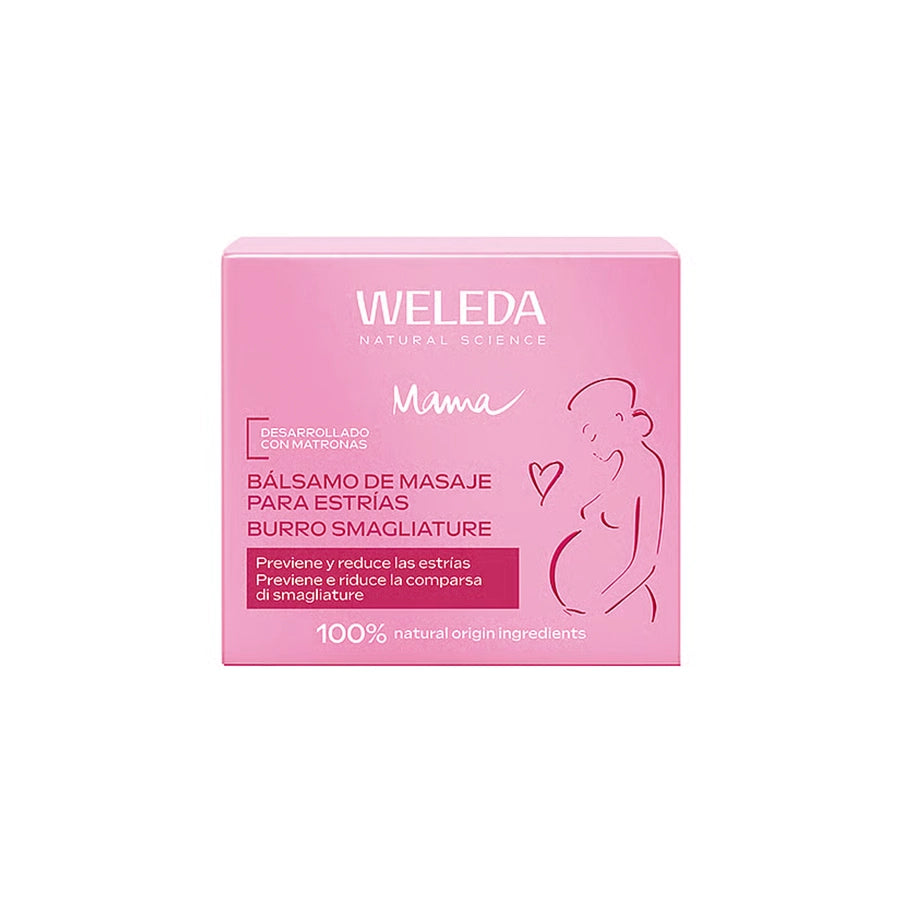 Bálsamo de Massagem para Estrias 150ml Weleda, cuidado corporal com manteiga de karité, manteiga de cacau e óleos vegetais biológicos.