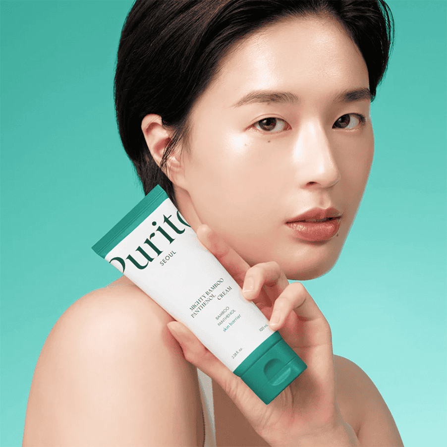 Frasco do Creme Hidratante Mighty Bamboo Panthenol 100ml da Purito Seoul, hidratação intensa com extrato de bambu e pantenol para acalmar e nutrir a pele.