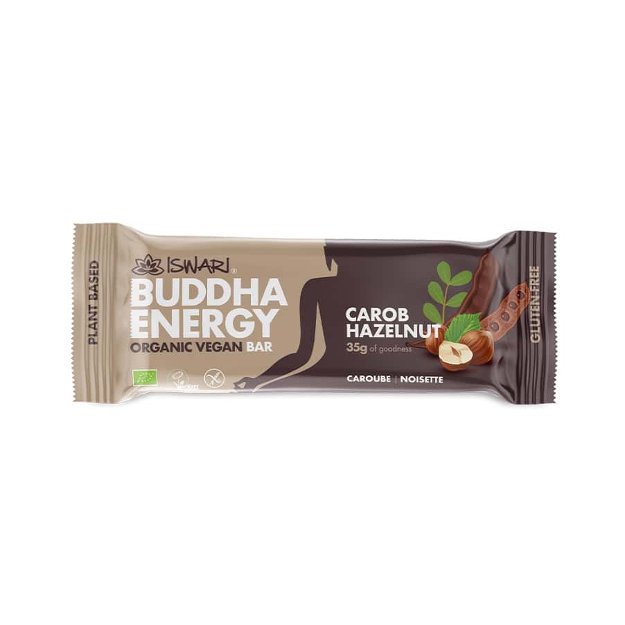 Barra energética Buddha Energy Bar Iswari de alfarroba e avelã em embalagem individual de 35g