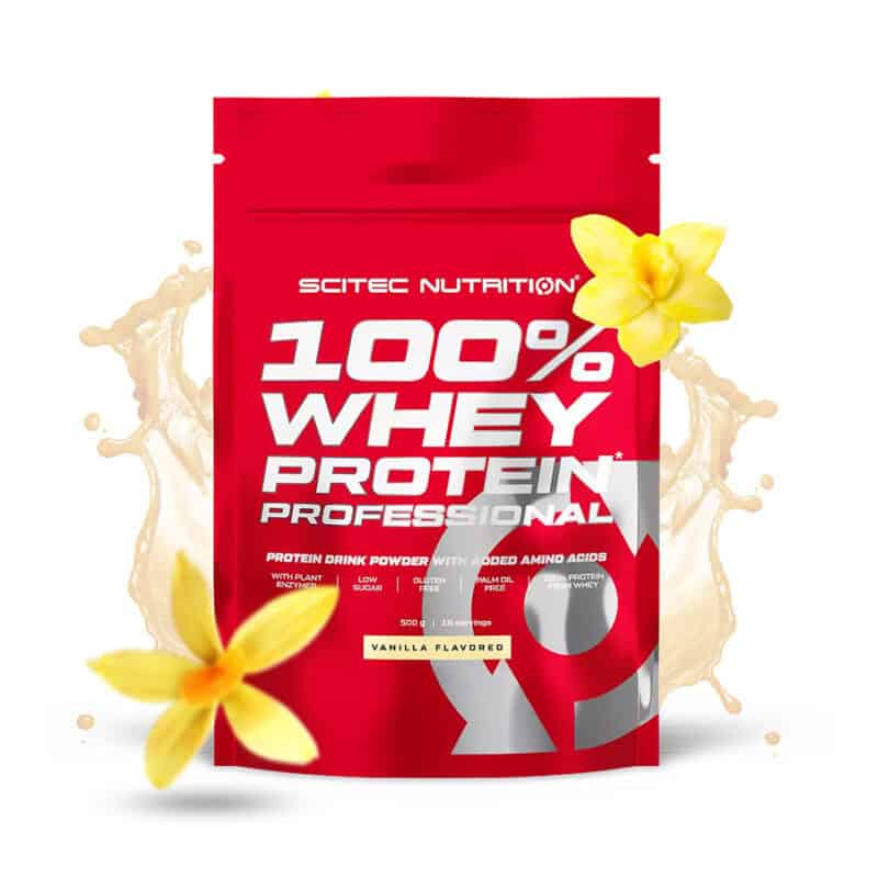 100% Whey Protein Professional Baunilha 500 g da Scitec Nutrition, proteína de soro de leite em pó com sabor a baunilha.
