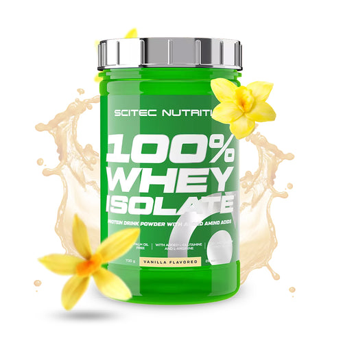 100% Whey Isolate da Scitec Nutrition em embalagem, proteína isolada de soro de leite para nutrição desportiva