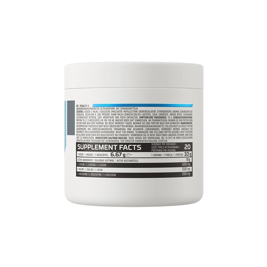 BCAA 2-1-1 Laranja 200gr OstroVit, suplemento em pó com L-leucina, L-isoleucina e L-valina para apoio à recuperação muscular.