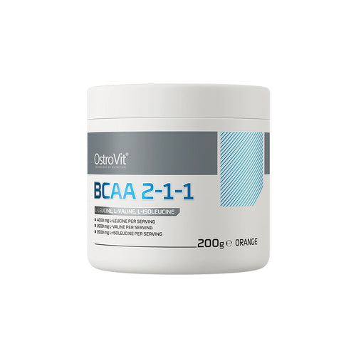 BCAA 2-1-1 Naranja 200g OstroVit, un suplemento en polvo con L-leucina, L-isoleucina y L-valina para favorecer la recuperación muscular.