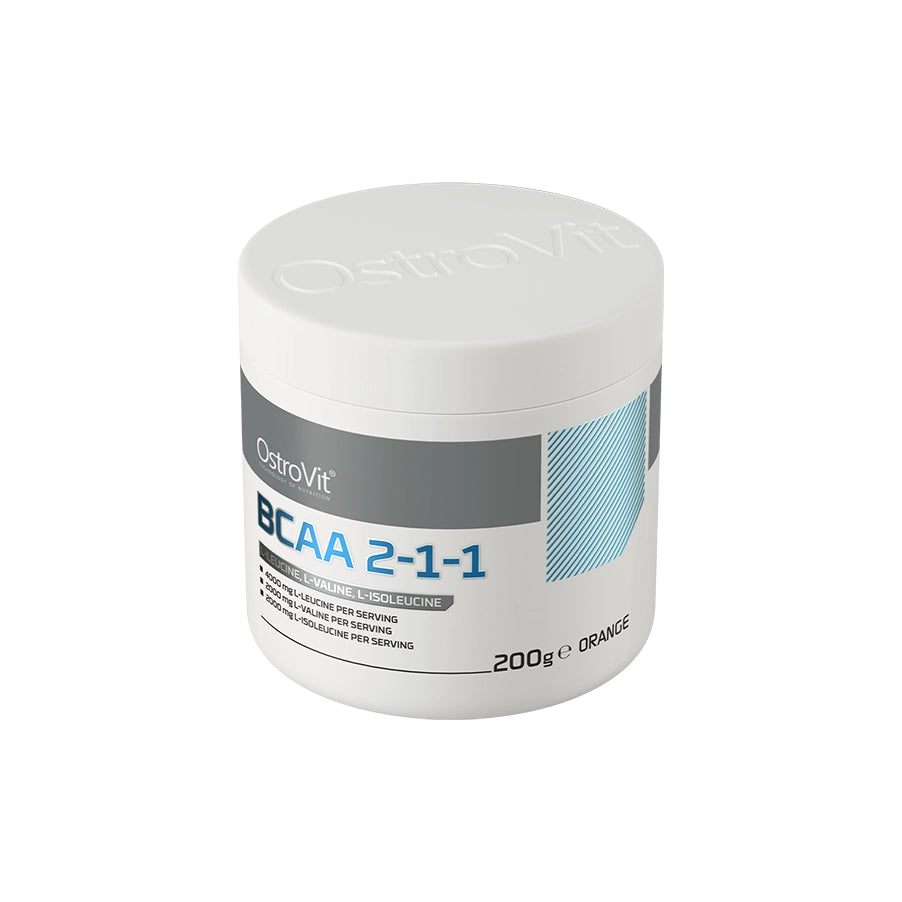 BCAA 2-1-1 Laranja 200gr OstroVit, suplemento em pó com L-leucina, L-isoleucina e L-valina para apoio à recuperação muscular.