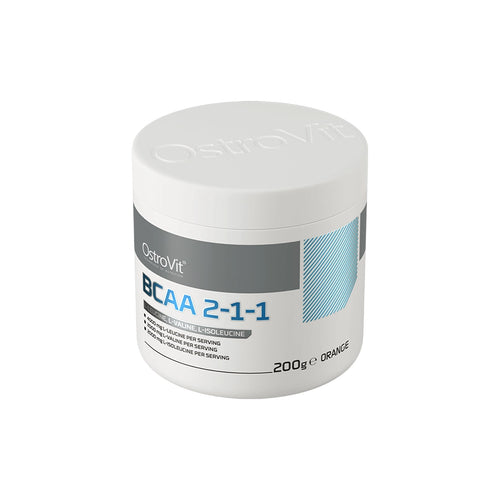 BCAA 2-1-1 Naranja 200g OstroVit, un suplemento en polvo con L-leucina, L-isoleucina y L-valina para favorecer la recuperación muscular.