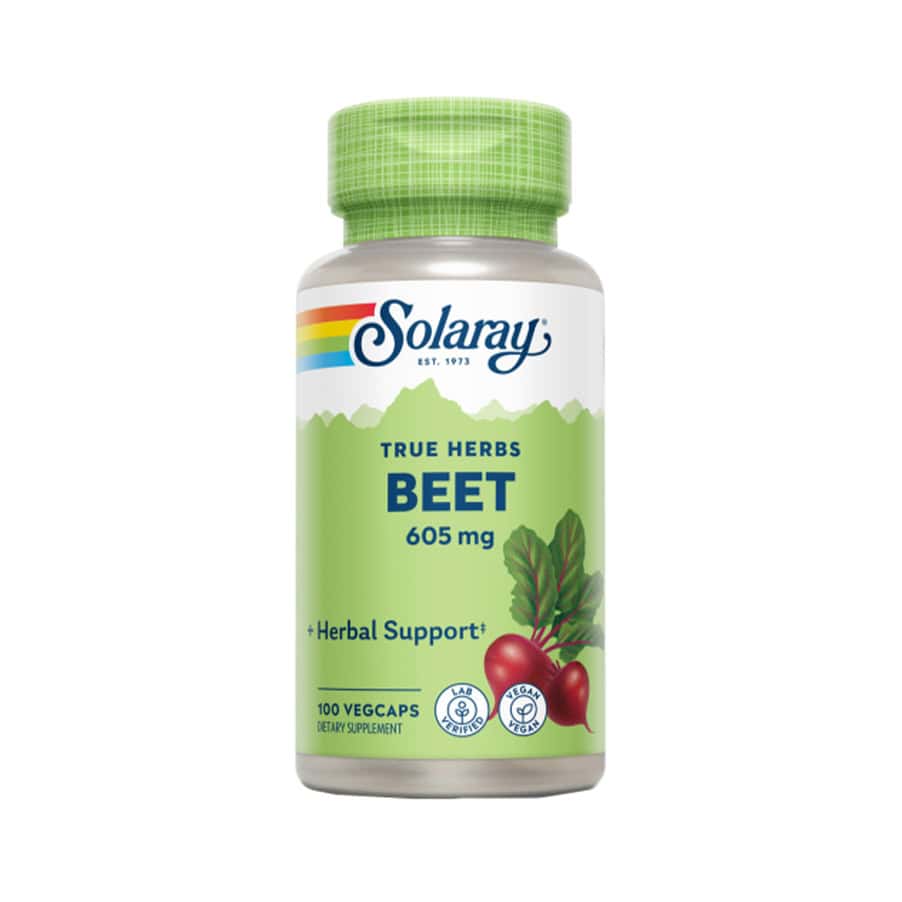 Frasco de suplemento Solaray Raíz de Beterraba com 100 cápsulas, fonte natural de nitratos e antioxidantes para energia e circulação saudável.